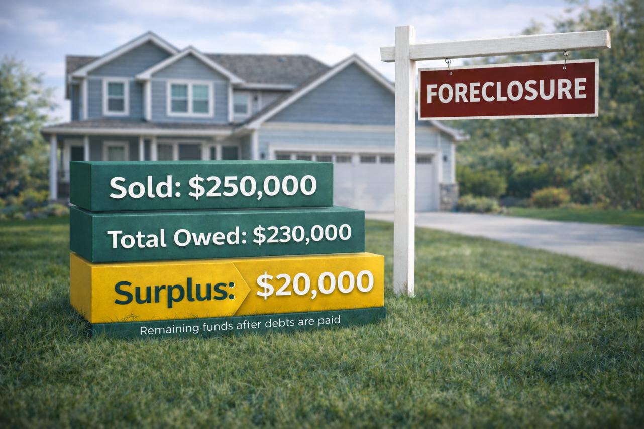 Foreclosure surplus funds example showing sale price, owed balance, and remaining Surplus Funds